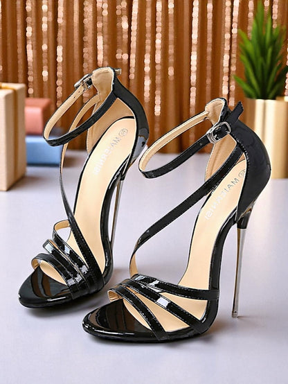 Red Strappy Sandals Heels PU High Women's Stiletto Patent -