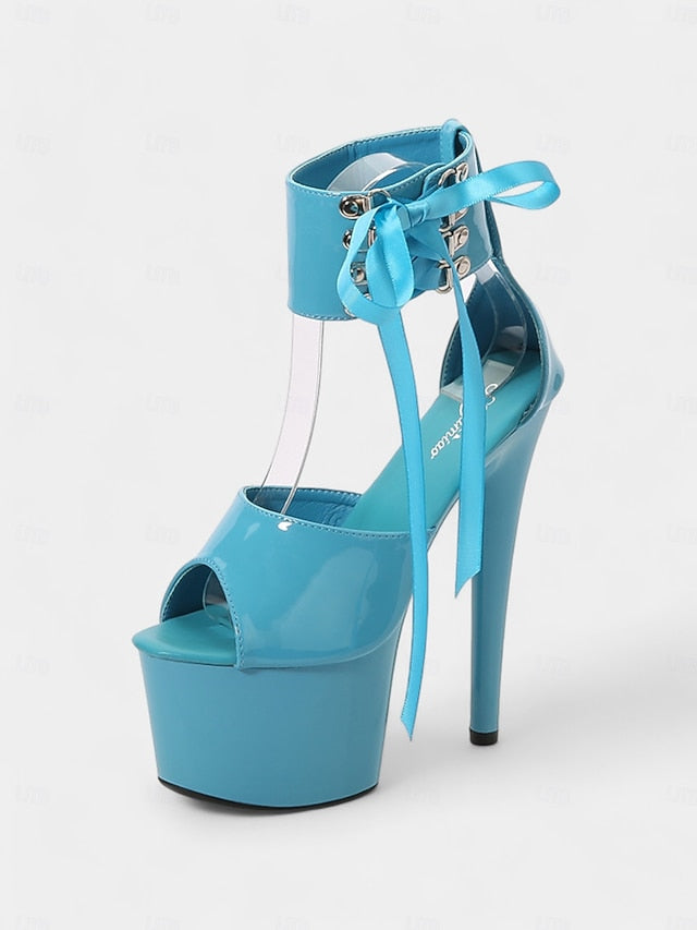 Black with Platform Lace-Up Patent Ankle Straps Sandals Leather