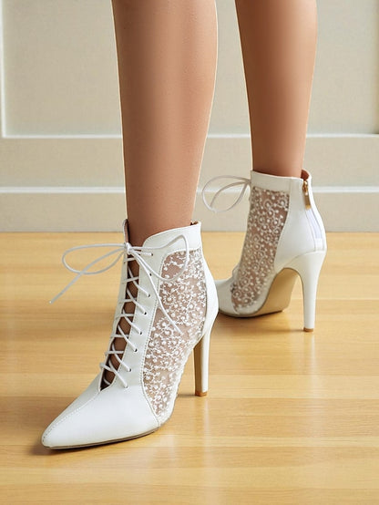 Ankle Mesh Heels Lace Booties Women's Stiletto White with