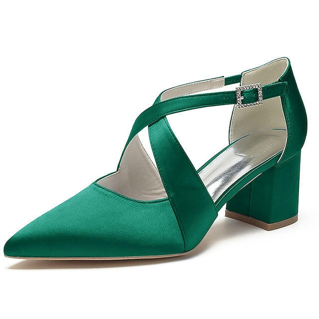 Elegant Block White Pointed Women's – Heels Satin Toe