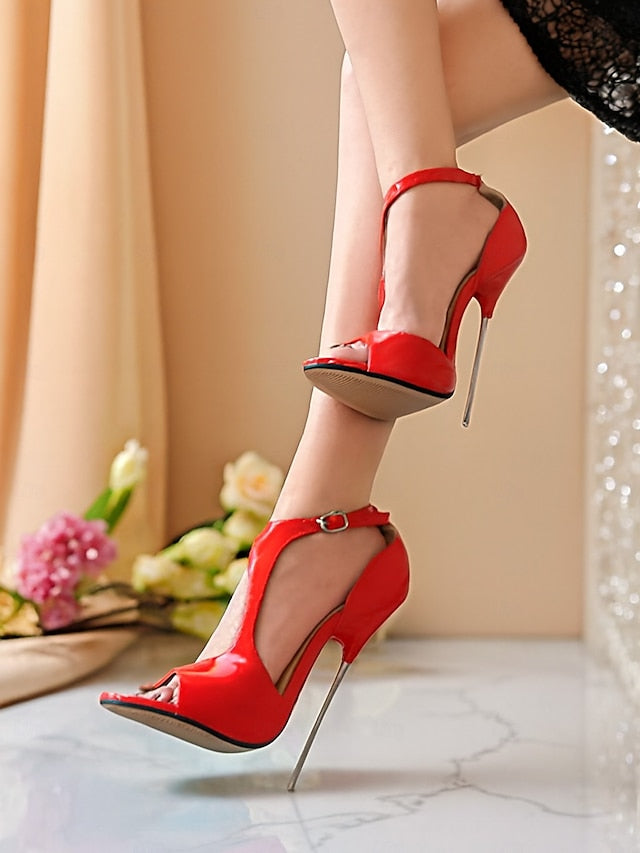 Open - Patent Red Strappy Leather Heels Women's Stiletto