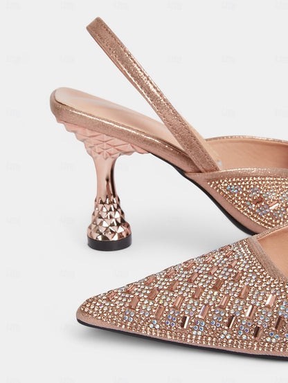 Women's Geometric Heels with Rose Rhinestone Slingback Gold
