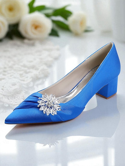 Women's Crystal Heel Pumps Block Low with White