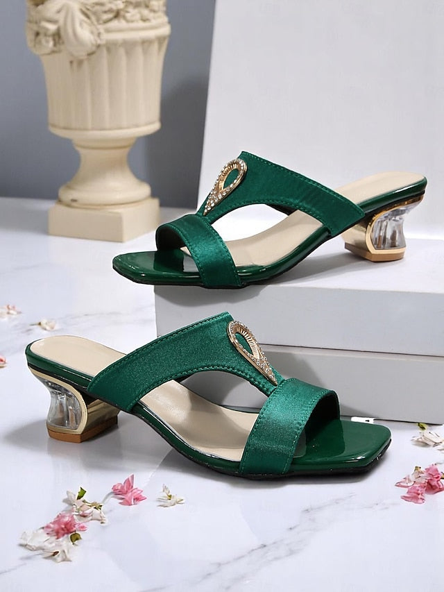 Women's Green Satin with Slide Sandals Rhinestone