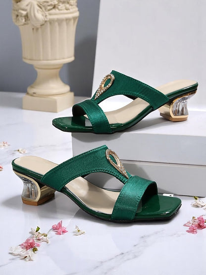 Women's Green Satin with Slide Sandals Rhinestone