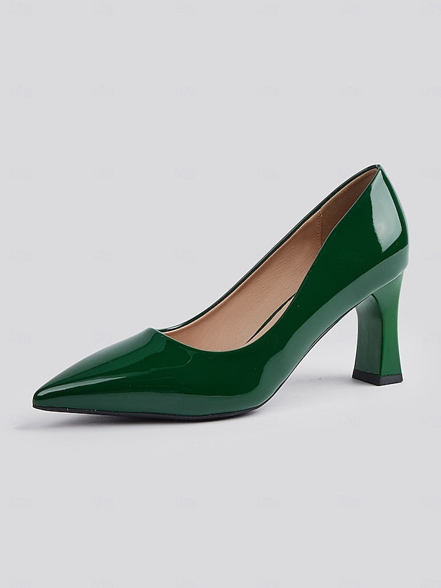 Leather Block Heel Glossy Pointed-Toe Pumps Green Patent Faux