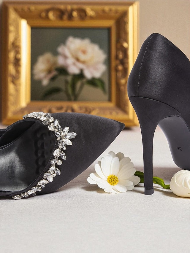 Embellishment Toe Heels Pointed with Satin Women's Crystal