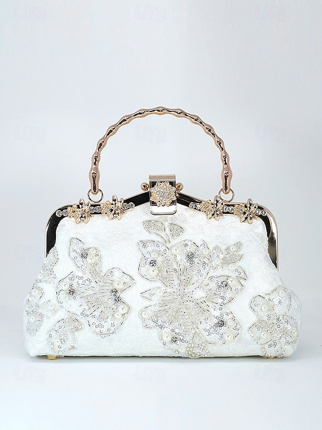 Evening White and Elegant Floral with Pearl Handbag Lace