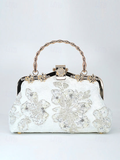 Evening White and Elegant Floral with Pearl Handbag Lace