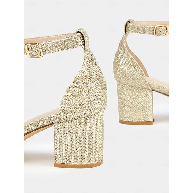 Women's with Ankle Sandals Stylish Block Heel Gold Glitter