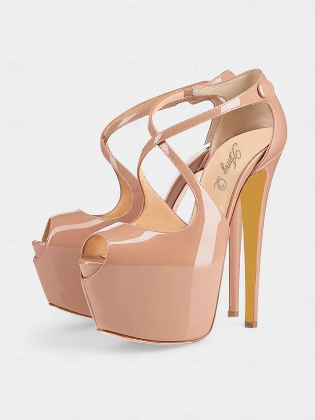 and Stiletto Cross with Platform Black Leather Patent Red Heels