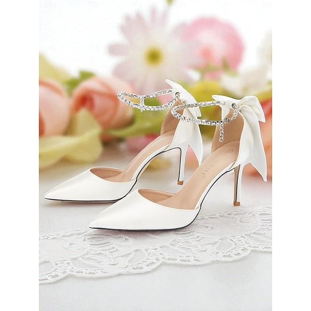 Ivory Pointed Satin Bow Toe with Heels Women's and Stiletto