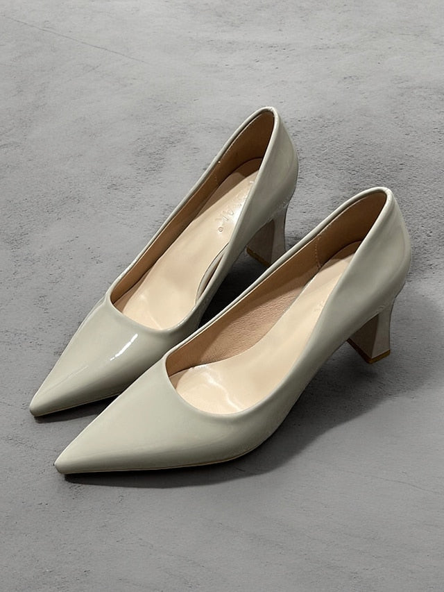 Leather Block Heel Glossy Pointed-Toe Pumps Green Patent Faux