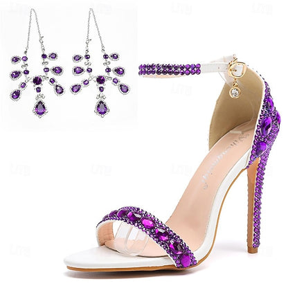 Heels Stiletto Rhinestone Matching Ankle Green Women's with