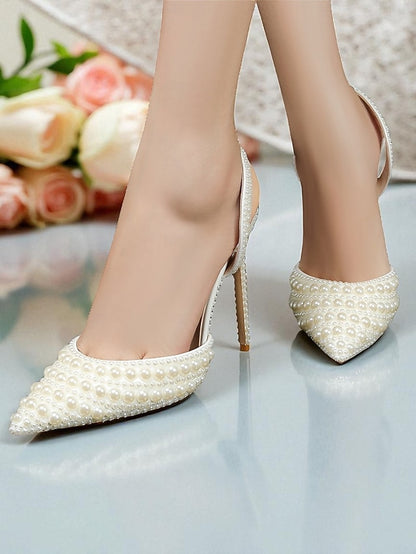 - Heels Women's Slingback Pearl-Embellished Leather White