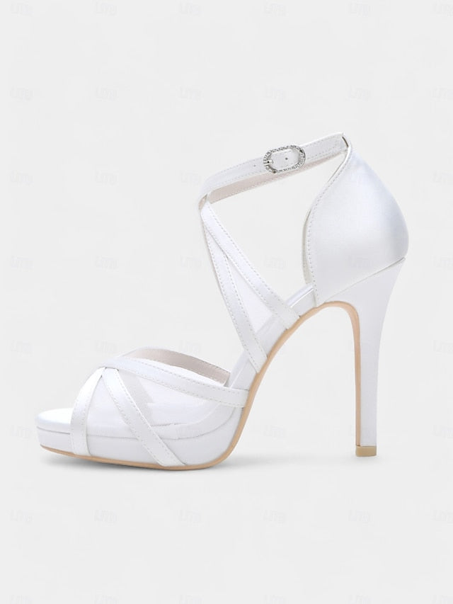 Satin Sandals - Bridal High with Cross Perfect Heel Straps White