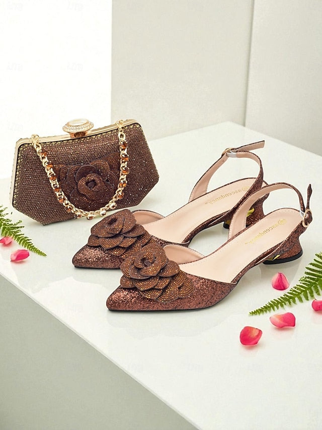 Heels Slingback and Women's Glitter Clutch Evening Matching