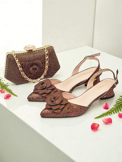 Heels Slingback and Women's Glitter Clutch Evening Matching