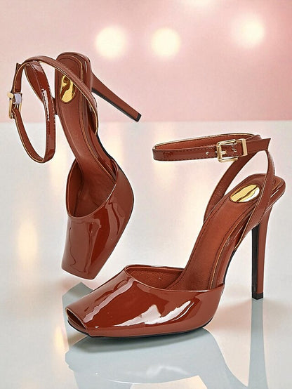 Peep High - Heels Leather Green Women's Toe Dark Patent