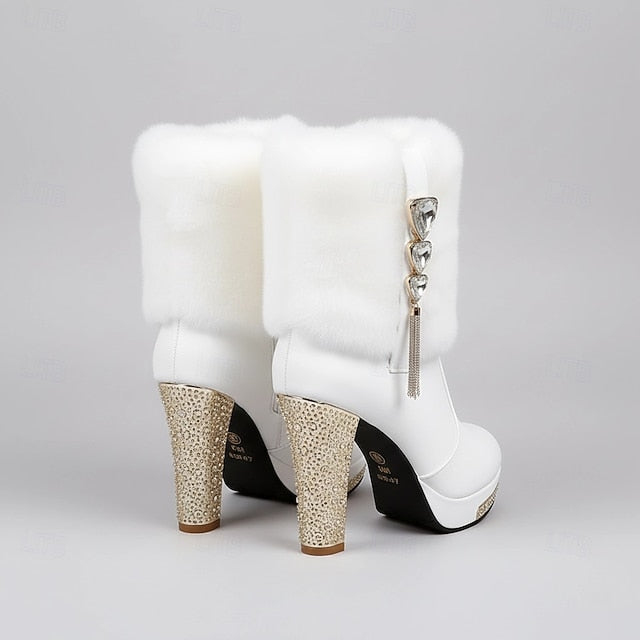 Faux Ankle Women's - White with Fur Heels Boots Rhinestone