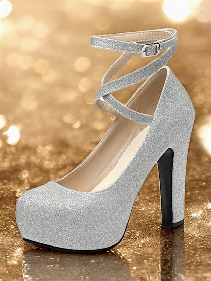 – Heels Platform with Strap Glitter Ankle Pink Women's