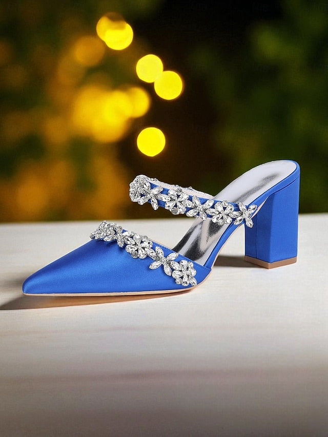 Women's Floral Satin Black Rhinestone Heel Mules Block with
