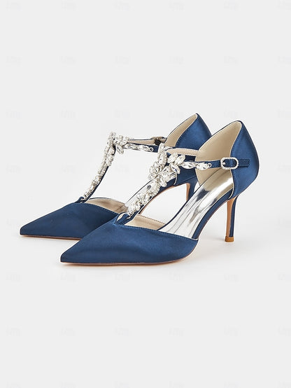 T-Strap Toe – Heels Pointed Women's Satin Blue Navy