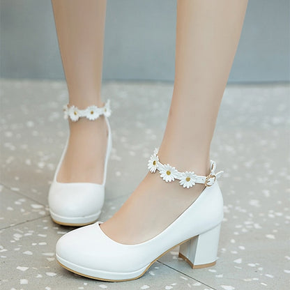 Shoes Block Heel Daisy Ankle with Flower Girls' White