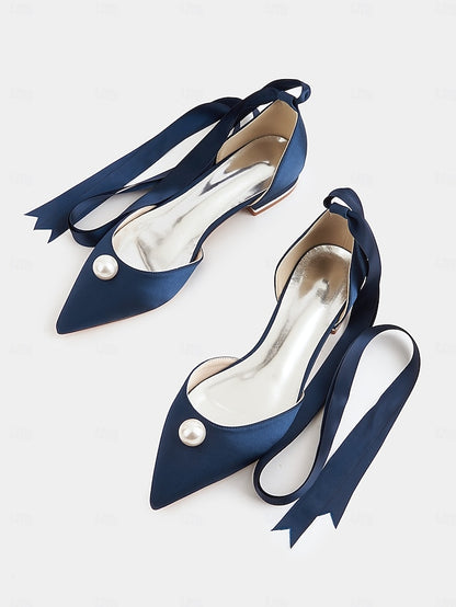Embellished Satin Pointed Women's Navy - Pearl Flats Toe