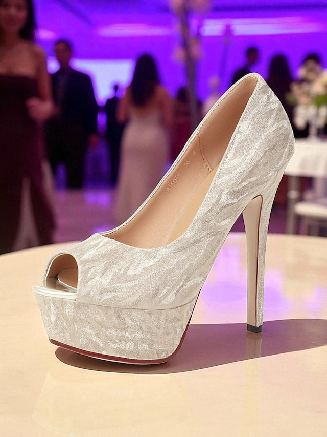 Platform Subtle Peep-Toe Silver with Heels Pattern Women's