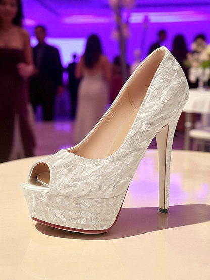 Platform Subtle Peep-Toe Silver with Heels Pattern Women's
