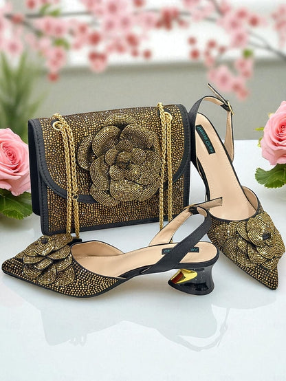 Slingback Women's Gold Matching Pumps with Rhinestone