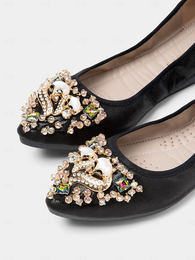 Rhinestone Women's Foldable Flats Ballet Black with