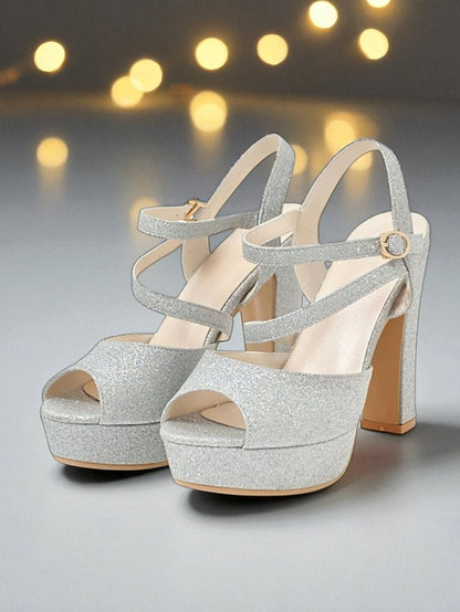 Heel Sandals Ankle Strap with Women's Glitter High Platform