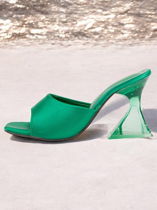 Transparent Block Mules Heels Open-Toe for Green with Satin