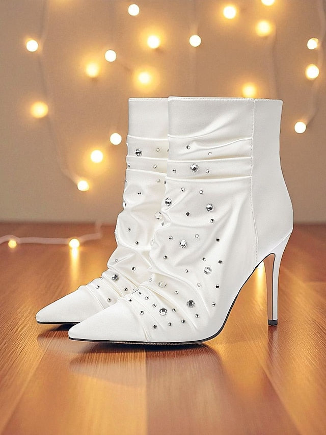 Rhinestone Ankle Satin with White Boots Women's