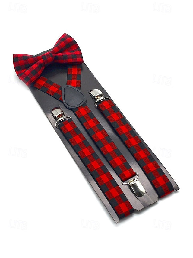 Christmas Men's Bow Plaid Tie Adjustable Set and Suspender
