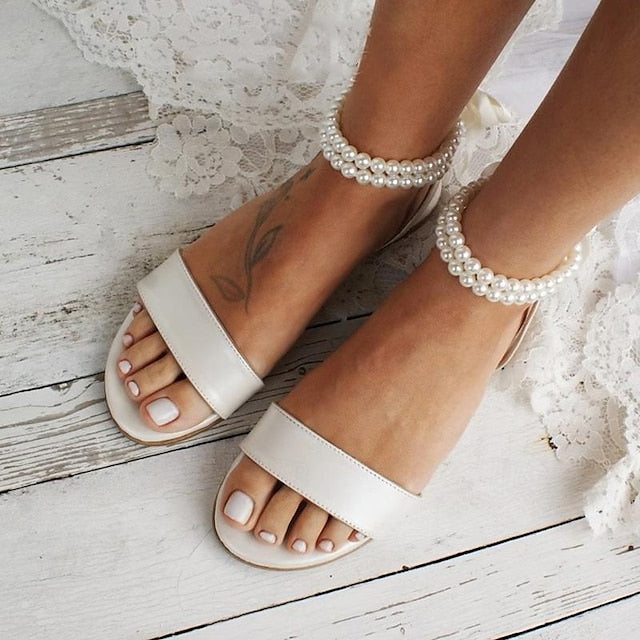 – Ankle White with Strap Flat Women's Pearl Sandals
