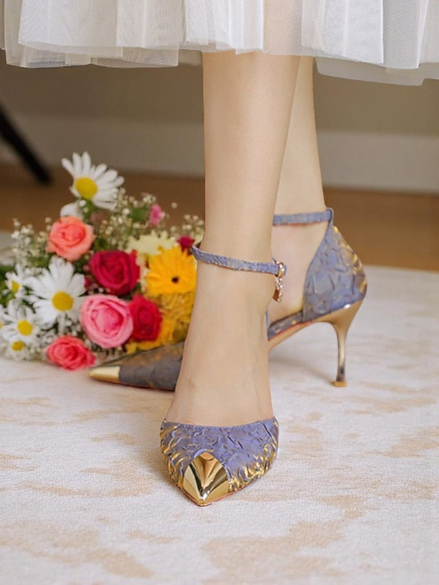 Toe Beige Women's and with Gold Pointed Heels Satin Accents