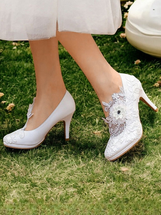 Embellishments Lace Shoes – with Heel White Bridal Floral High