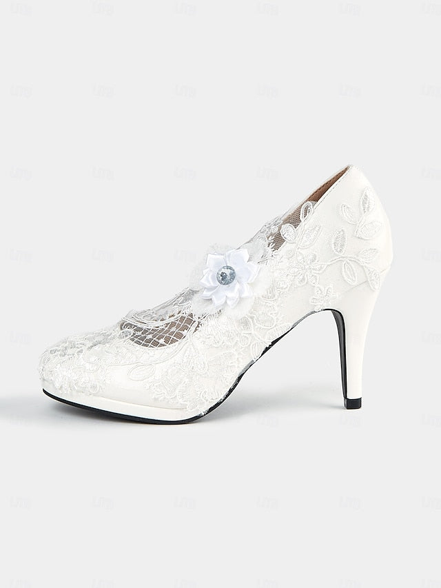 Lace Floral White Bridal High – Shoes with Heel Embellishments