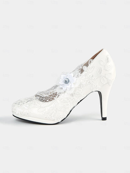 Lace Floral White Bridal High – Shoes with Heel Embellishments