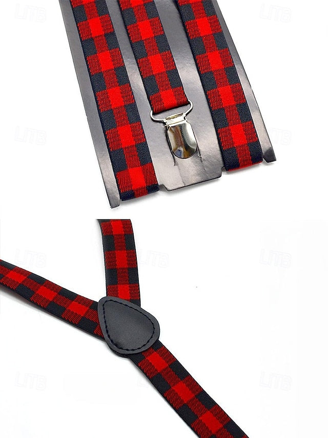 Christmas Men's Bow Plaid Tie Adjustable Set and Suspender