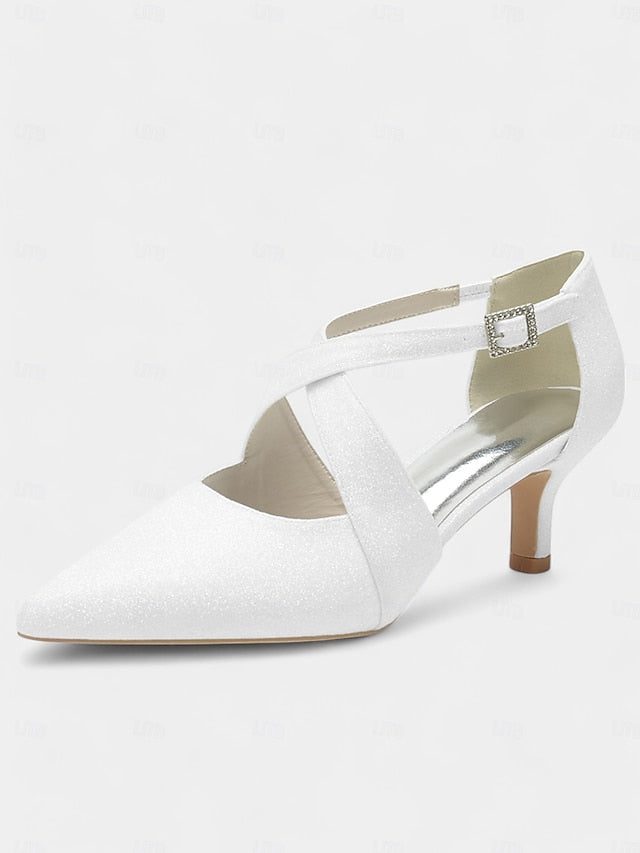 White Strap Buckle Cross Kitten Heels Rhinestone Glitter with
