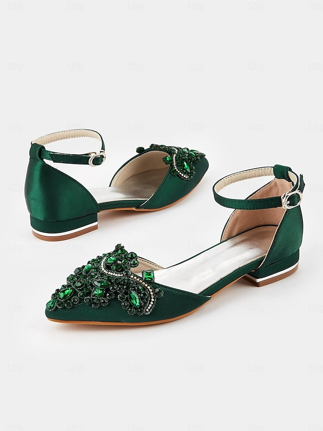 Embellished Green Vintage Gemstone Flats – Pointed-Toe Style