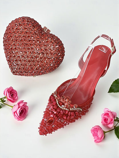 Heel Shoes and Women's Bag Clutch Rhinestone Set Green -