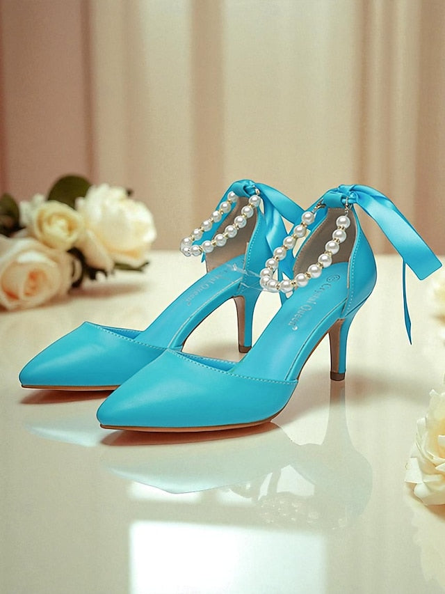 with Pearl Kitten - Heel Strap Bow Ankle Women's Blue Pumps