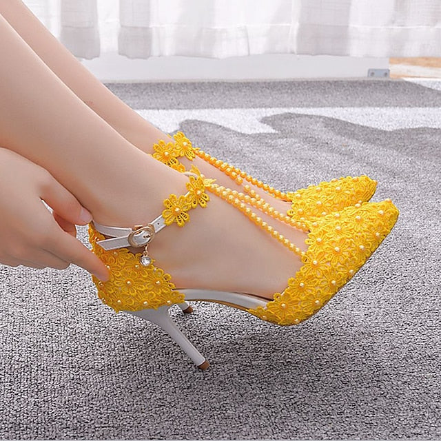 Lace Heel Shoes Pointed Women's Bridal Wedding High