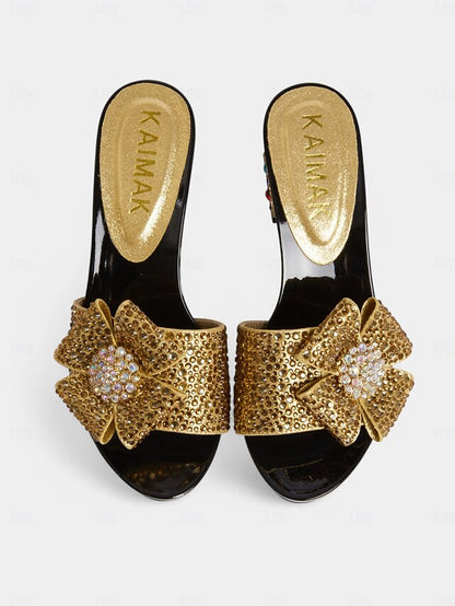 High Clutch Rhinestone Heel Sandals Matching with Bow Sparkling