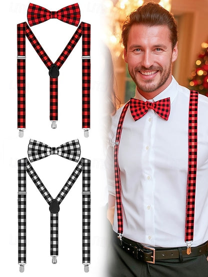 Christmas Men's Bow Plaid Tie Adjustable Set and Suspender